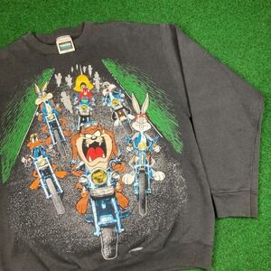 Vintage Looney Tunes Motorcycle Sweatshirt Mens L Black 1993 Biker Crewneck 90s